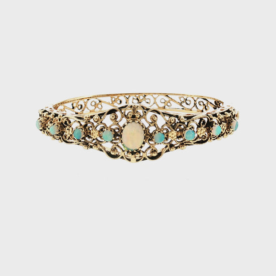 1960's Victorian Revival 14 Karat 9 Opal Hinged Bracelet