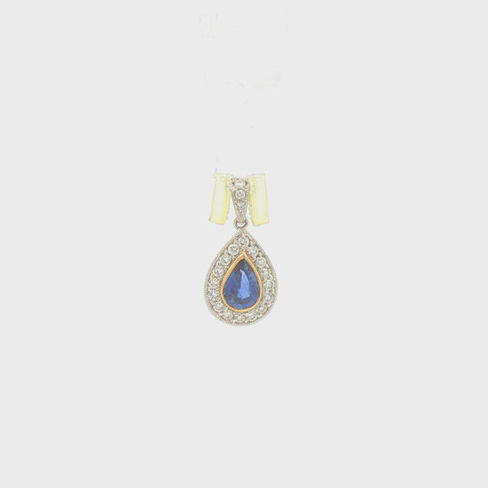 18K Gold Pear Shape Sapphire and Diamond Halo Pendant