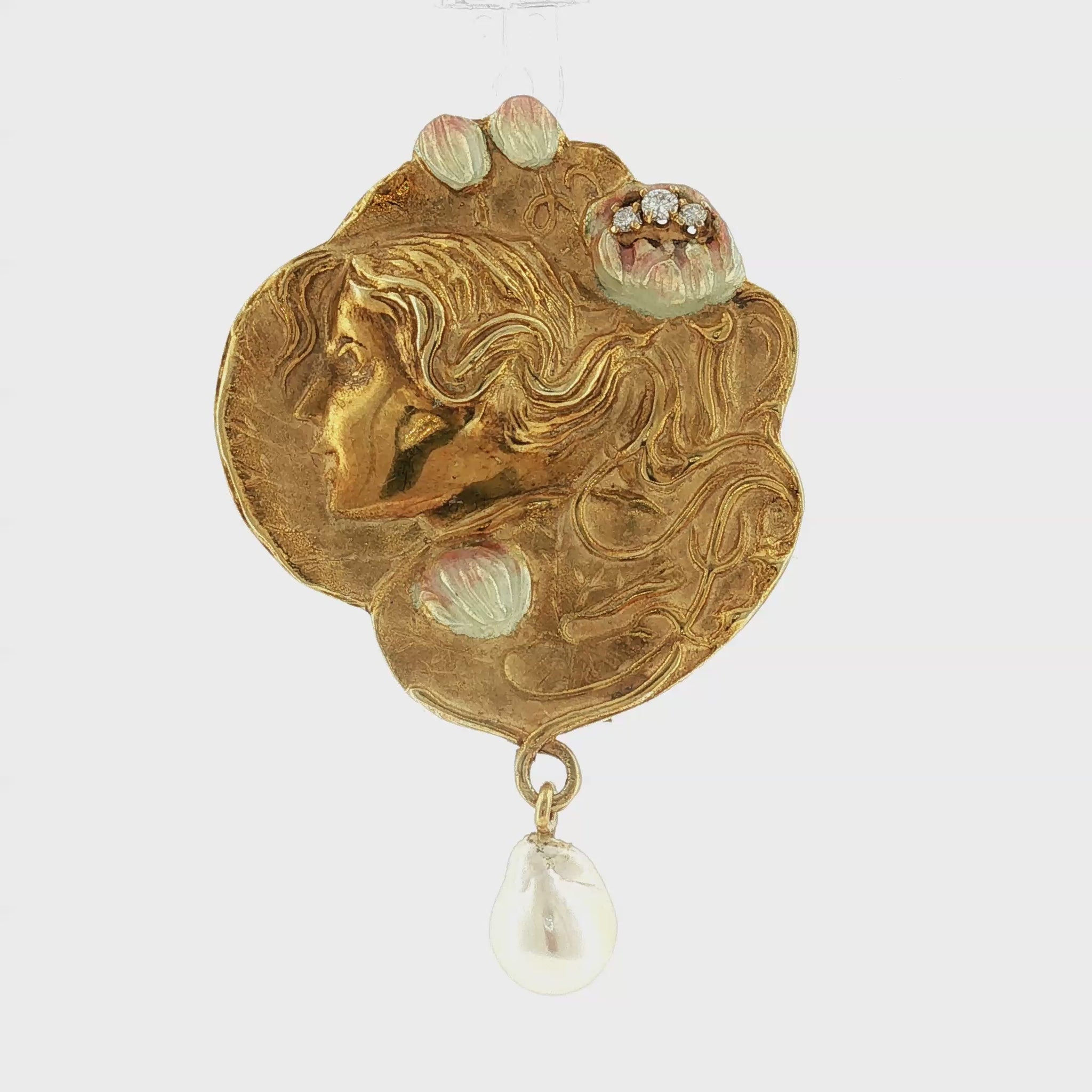 14kyg 1960's Art Nouveau Revival Enameled and Diamond Pin/ Pendant