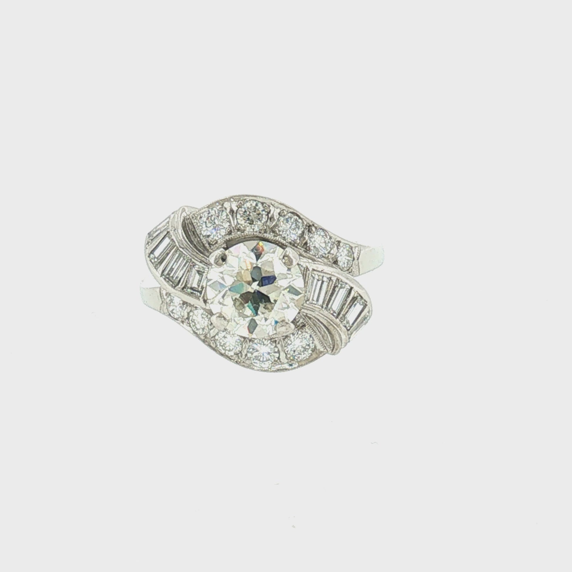1950's 14k White Gold 1.46ct Old European Cut Diamond Bypass Ring