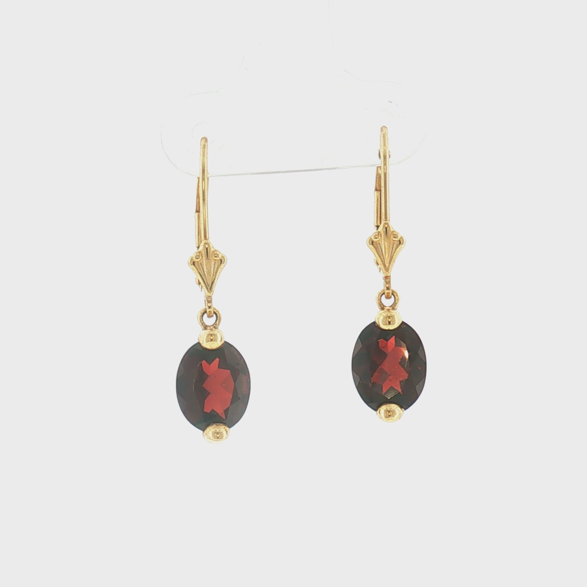 Modern 14k Yellow Gold Oval Garnet Wire Drop Earrings