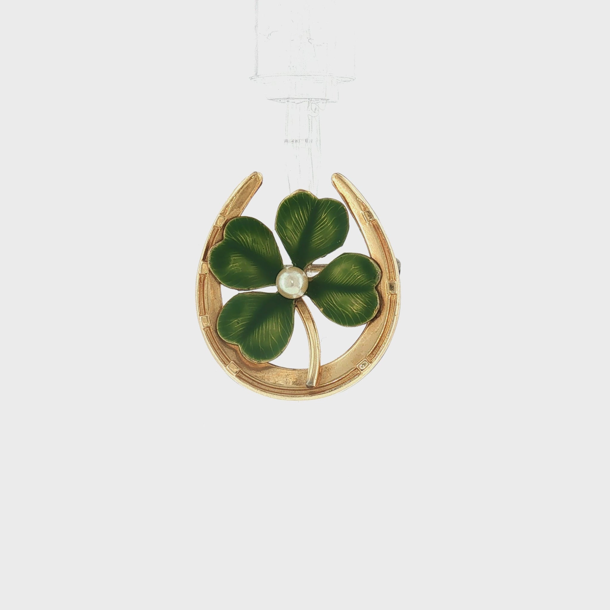 1960's Yellow Gold Filled Krementz Horseshoe and Enameled Shamrock Pin