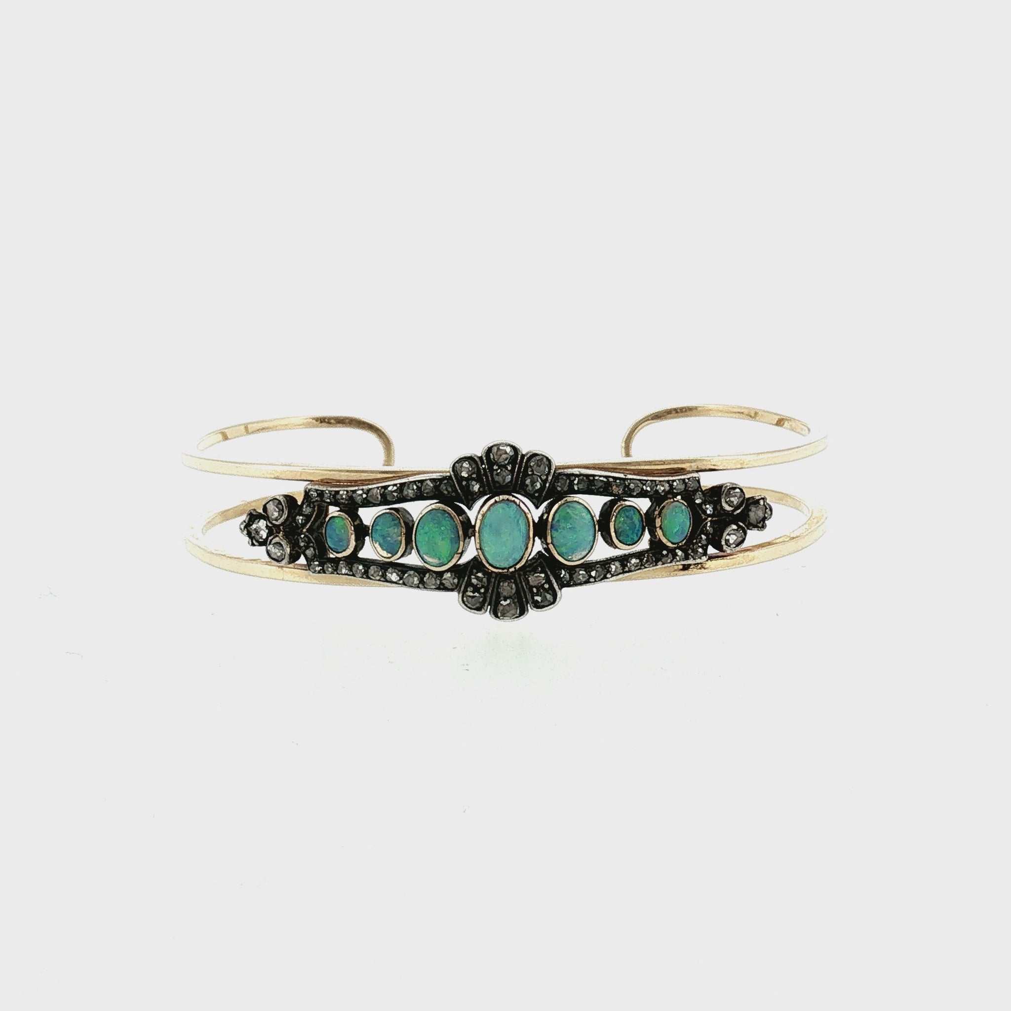 Victorian Silver Over Gold Opal and Diamond Pin Converted to a 14k Cuff Bracelet