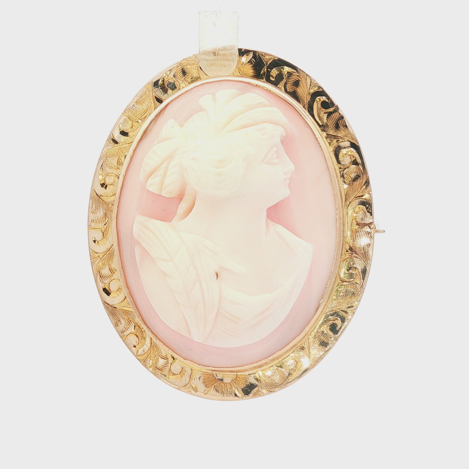 10k yellow gold Hand Engraved Pink Conch Shell Cameo Brooch