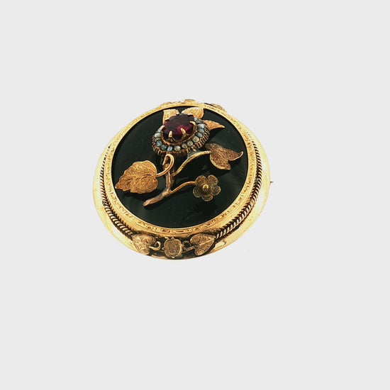 Victorian 10k Yellow Gold Black Onyx, Garnet and Seed Pearl Floral Brooch