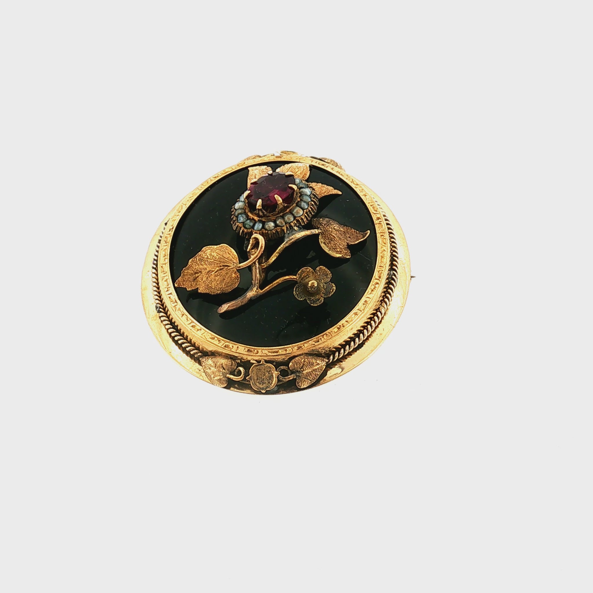 Victorian 10k Yellow Gold Black Onyx, Garnet and Seed Pearl Floral Brooch