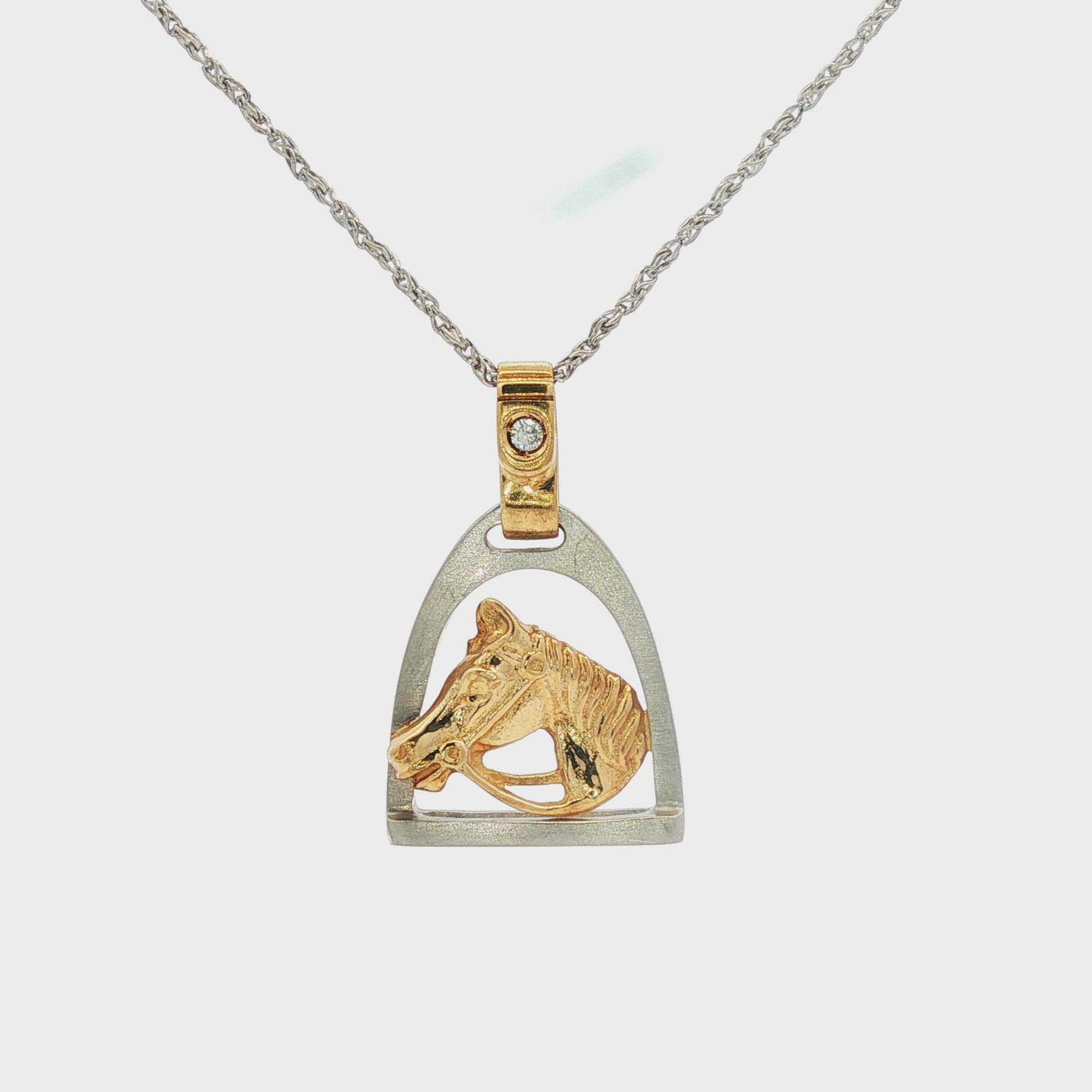 Platinum and 18k Horse Head and Stirrup Pendant on a 20" Platinum Chain
