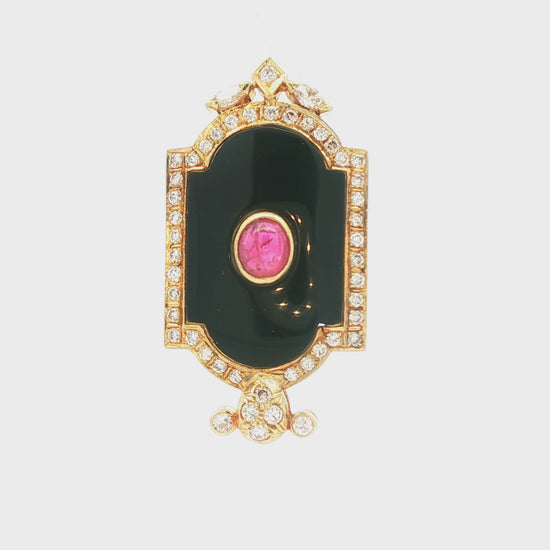 Vintage 14k yellow gold Black Onyx, Cab Ruby and Diamond Pendant