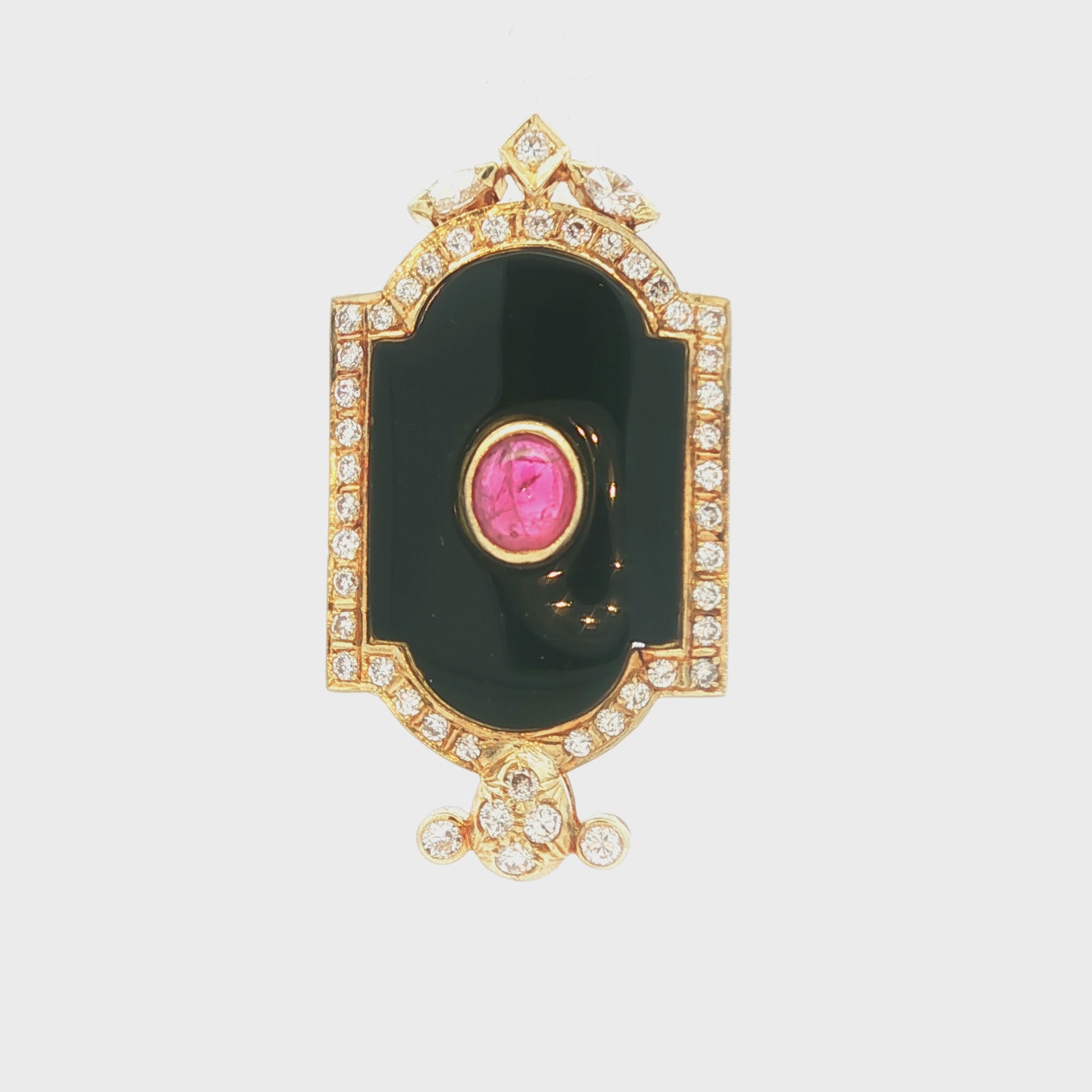 Vintage 14k yellow gold Black Onyx, Cab Ruby and Diamond Pendant