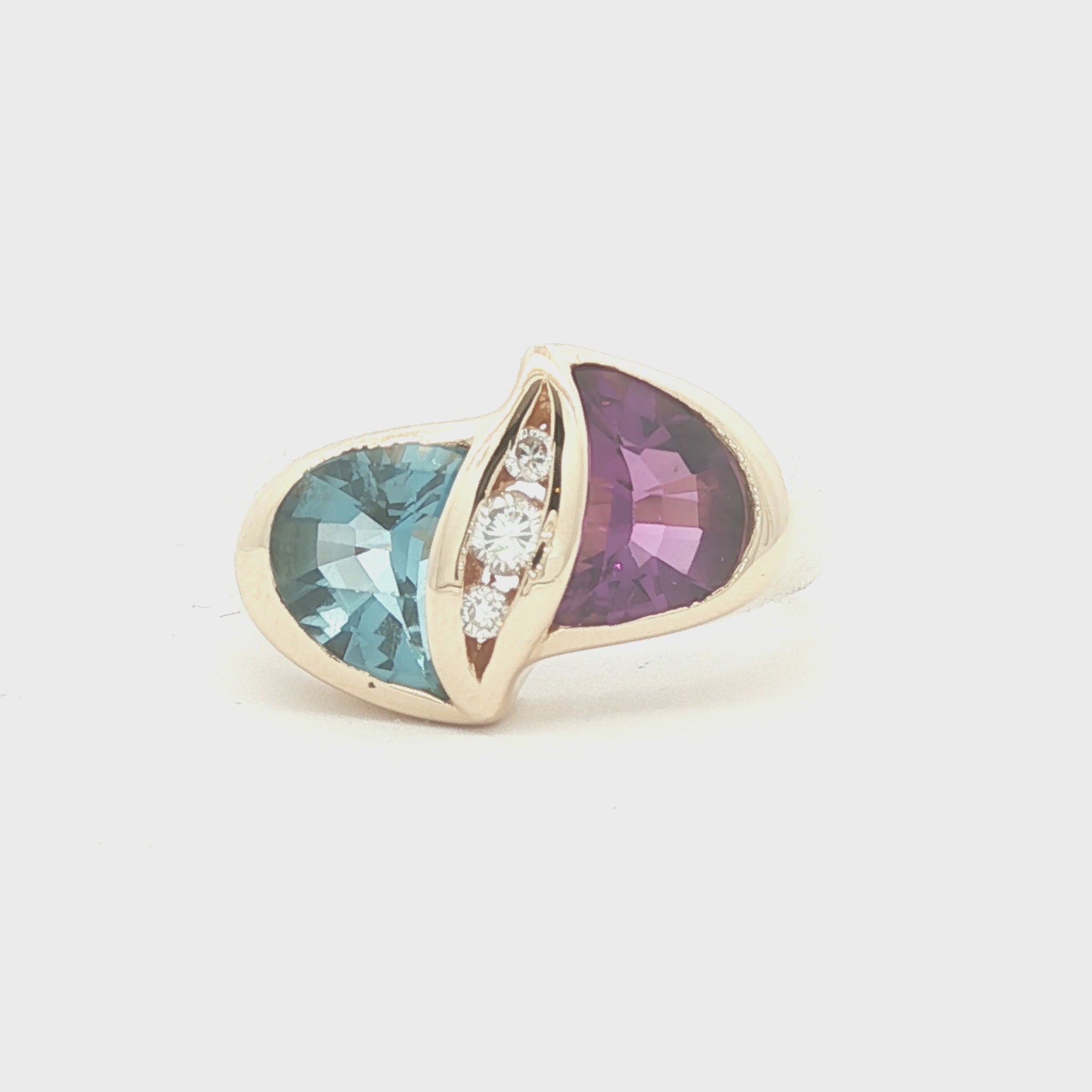 14k yellow gold Buff Top Blue Topaz, Amethyst and Diamond Ring