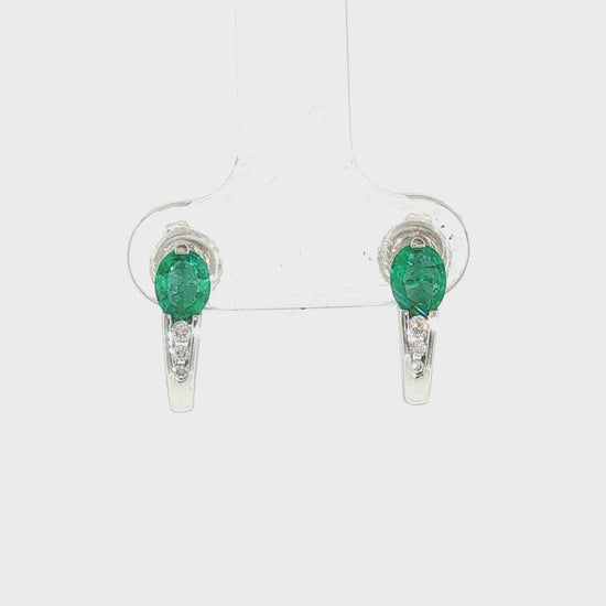 Late 20th Century 14k White Gold Emerald and Diamond J Shaped Hoop Earrings
