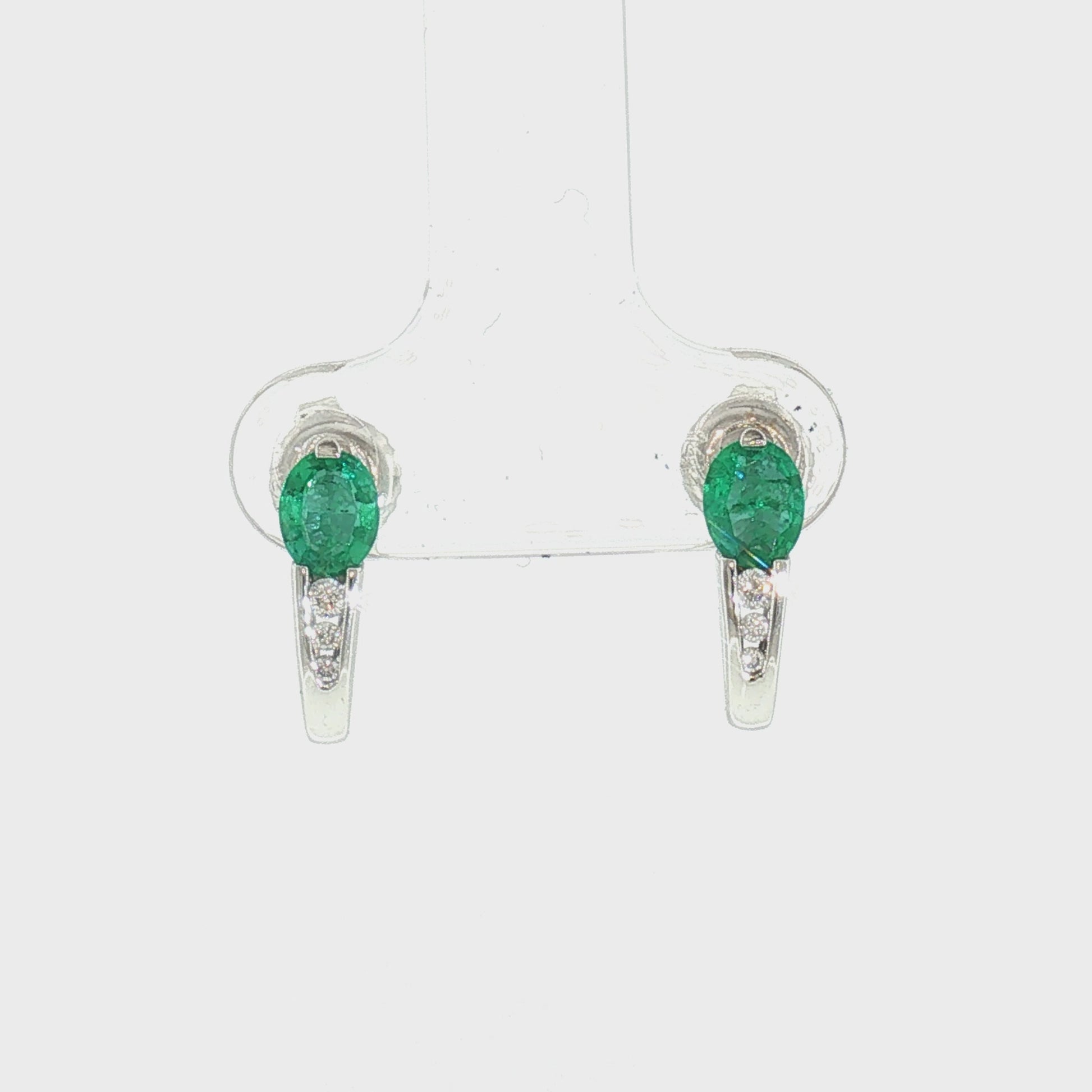 Late 20th Century 14k White Gold Emerald and Diamond J Shaped Hoop Earrings