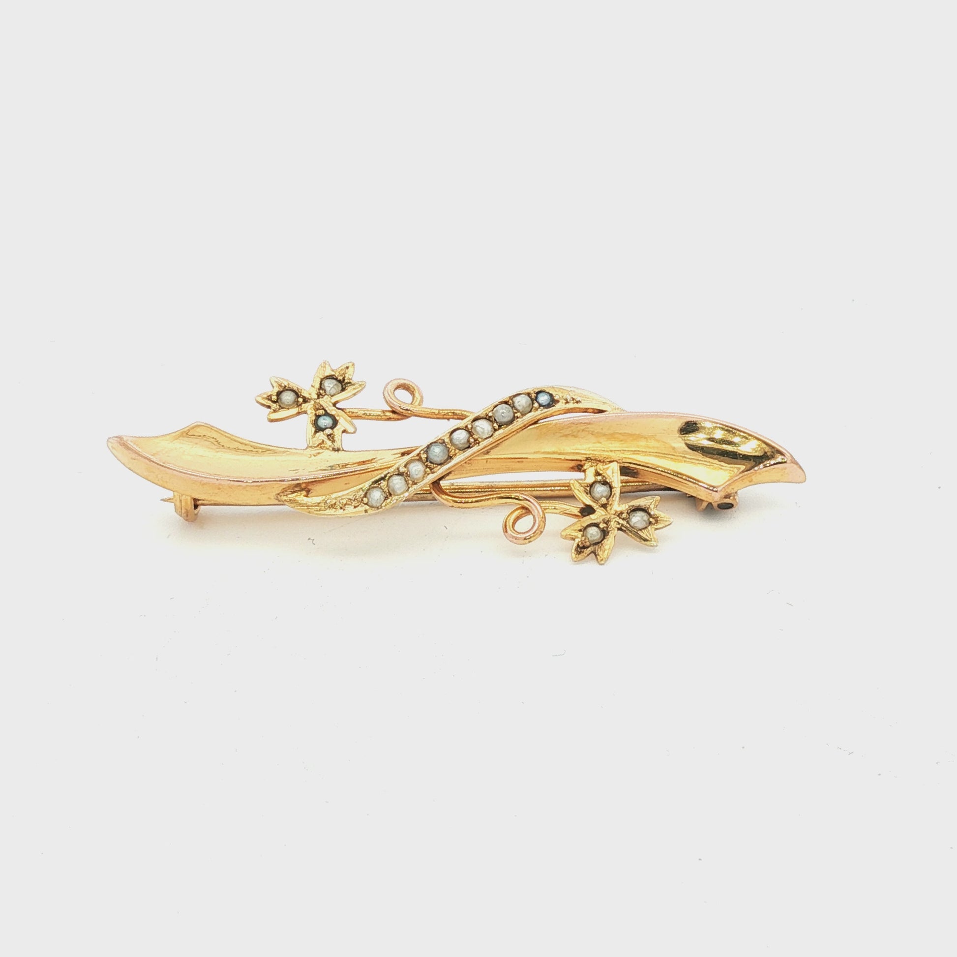 Victorian 9kt yellow gold Offset Saber and Seed Pearl Leaves Pin