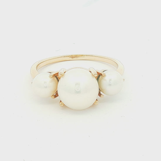 14k yellow gold 3 cultured pearl prong set ring