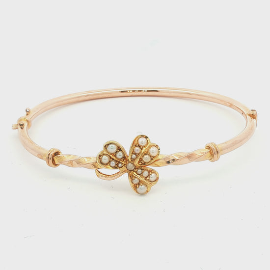 Victorian 14k yellow gold Clover Hinged Bracelet with Seed Pearls
