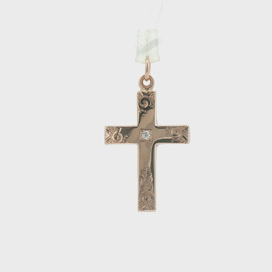 Victorian 9k rose gold Engraved Cross with a Center Diamond