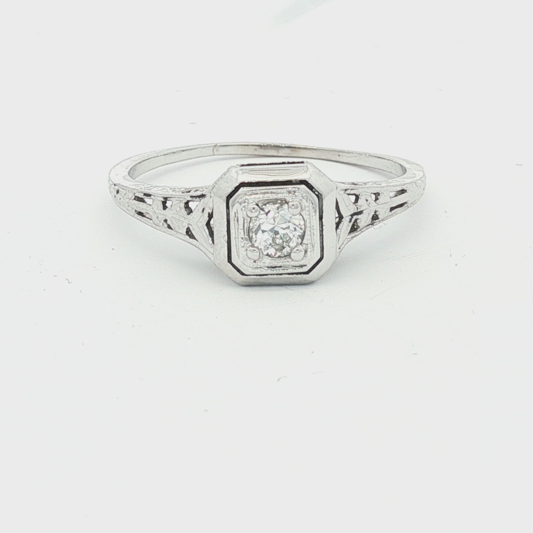 18k white gold .07 carat old mine cut engagement ring