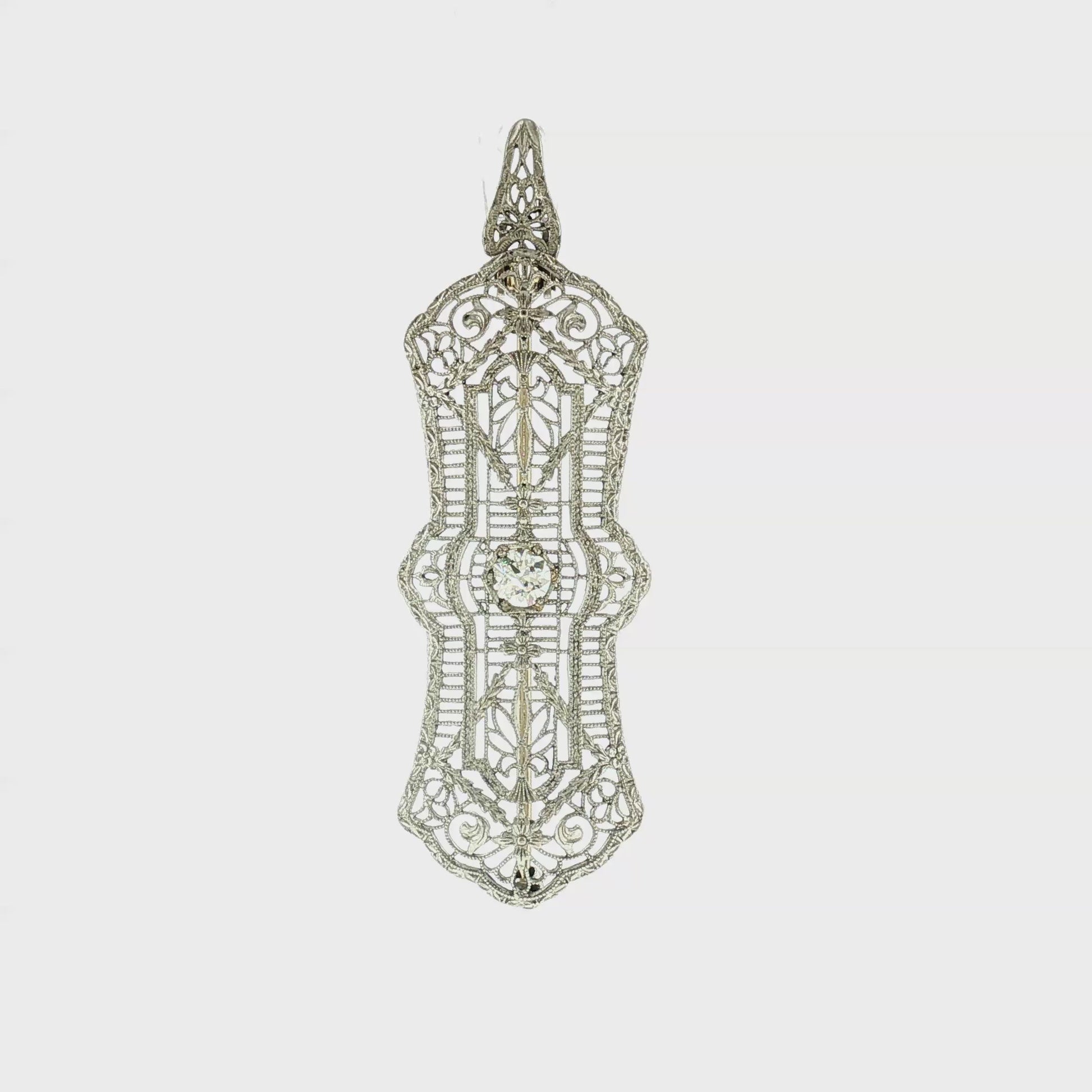 1930's Platinum and 14k White Gold Diamond Filigree Pin/ Pendant