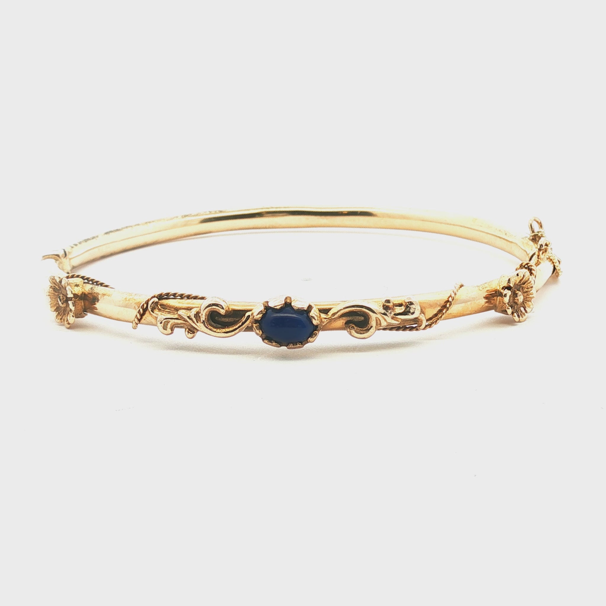 14k yellow gold Victorian Blue Glass Cabochon and Floral Design Hinged Bracelet