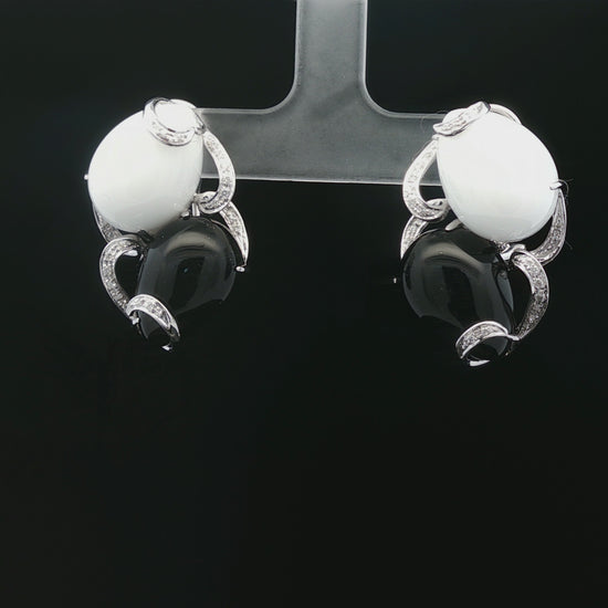 White Jade, Black Onyx and Diamond 18k white gold earrings