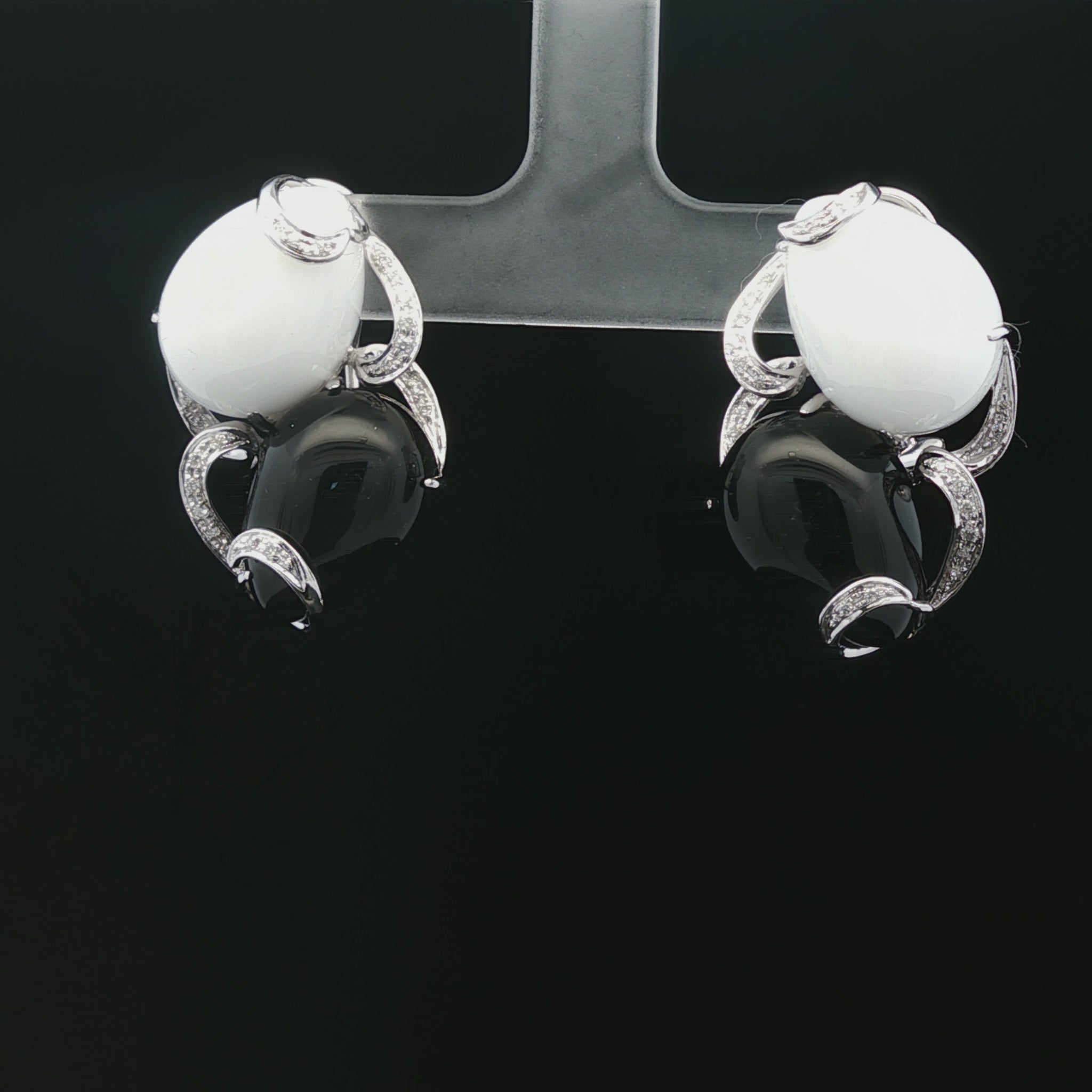 White Jade, Black Onyx and Diamond 18k white gold earrings