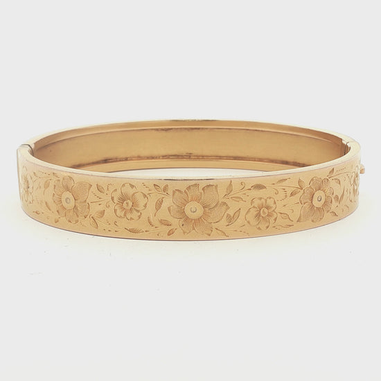 Vintage 14k yellow gold 10.5mm Wide Hand Engraved Hinged Bracelet