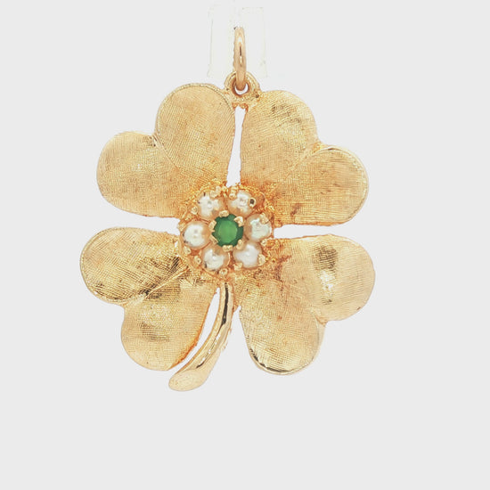 Vintage 14kyg Four Leaf Clover Charm with Cultured Pearls and Green Onyx