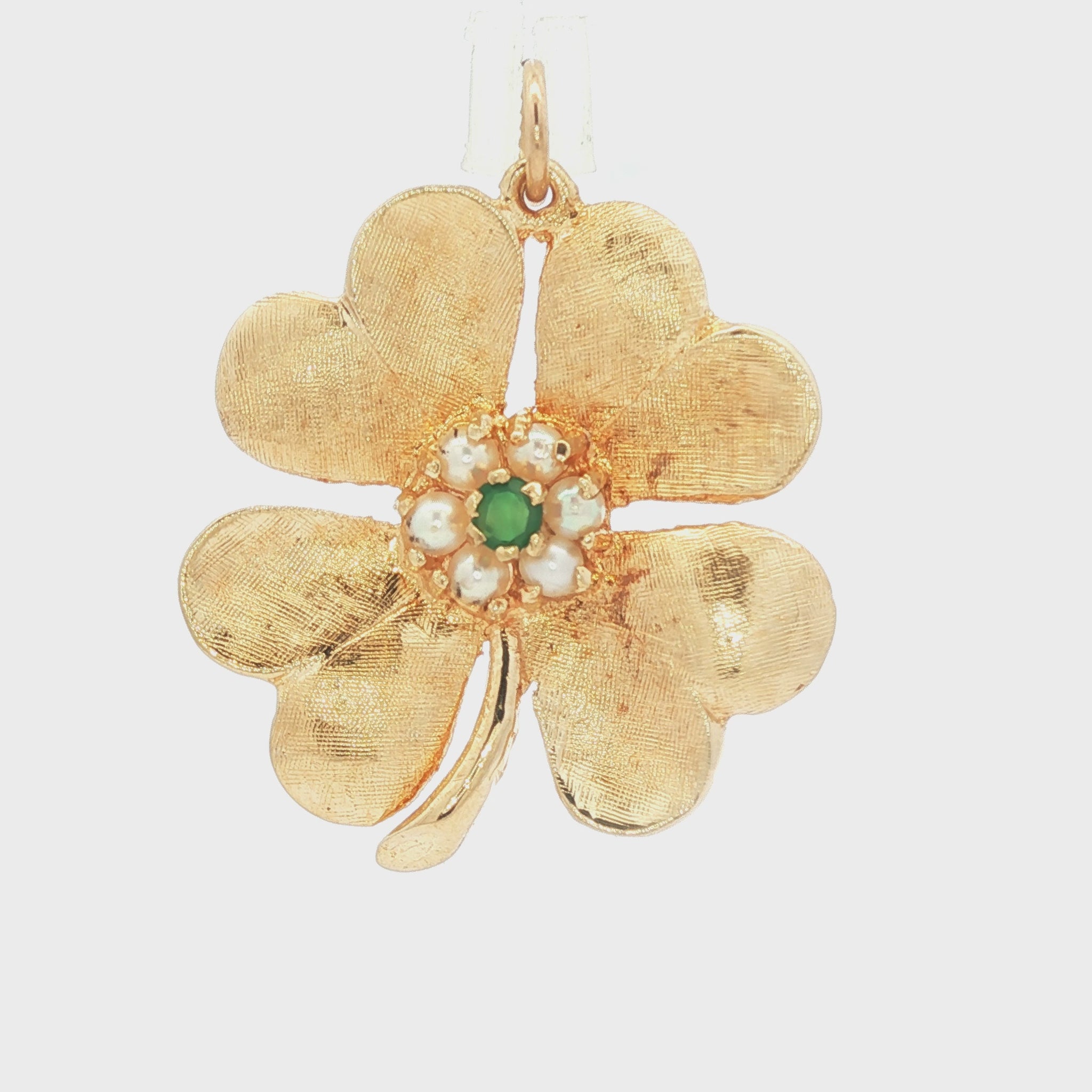 Vintage 14kyg Four Leaf Clover Charm with Cultured Pearls and Green Onyx