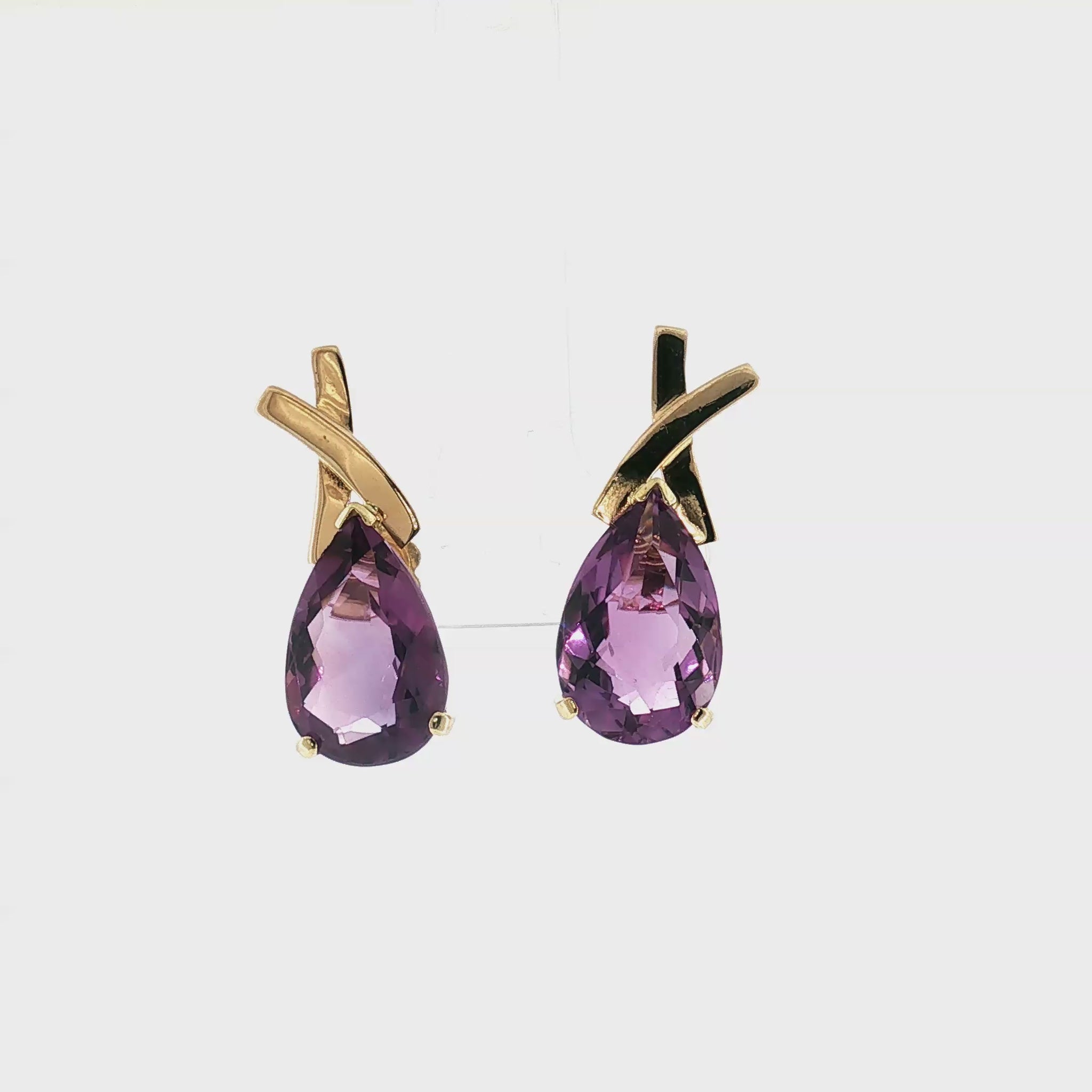 Late 20th-Century 14k Yellow Gold Pearshape Amethyst X Top Pierced Earrings