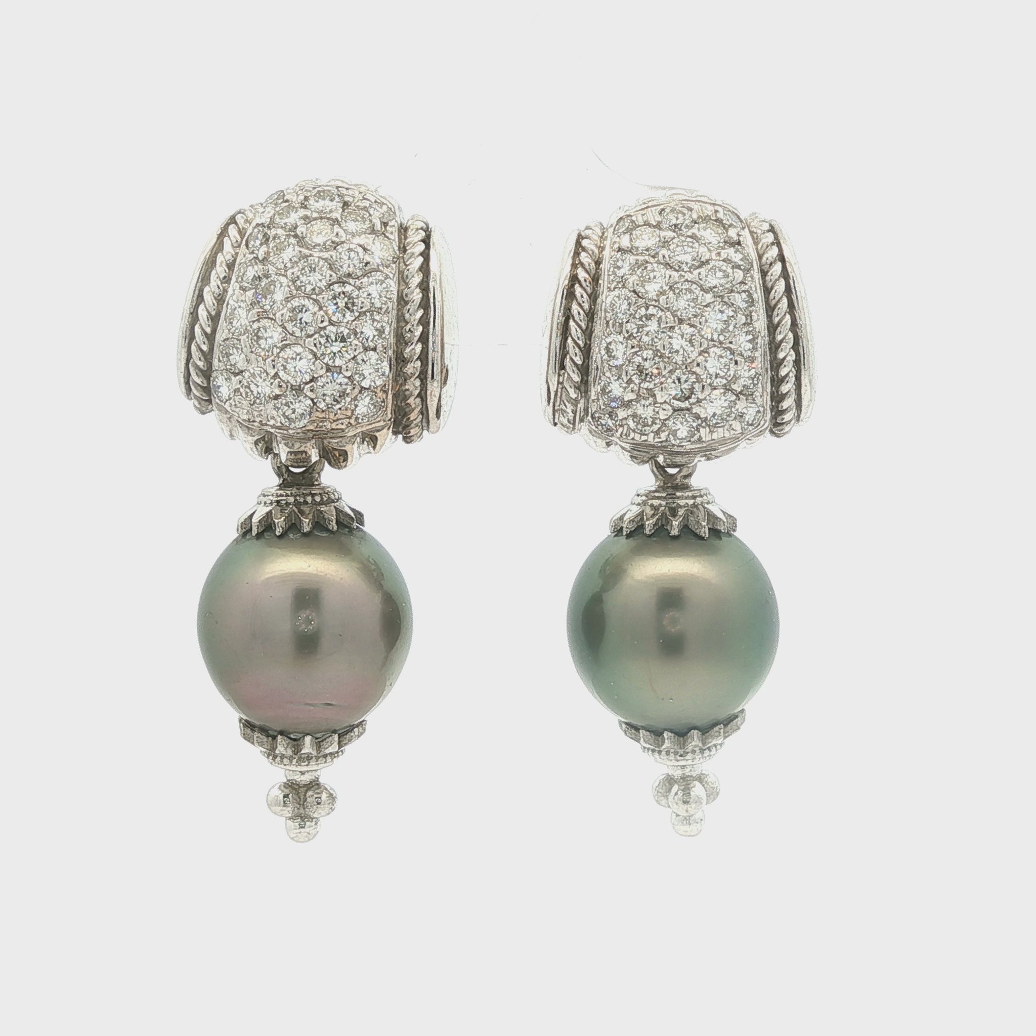 Vintage 18k White Gold 58 Diamonds with 14k Tahitian Grey South Sea Drops