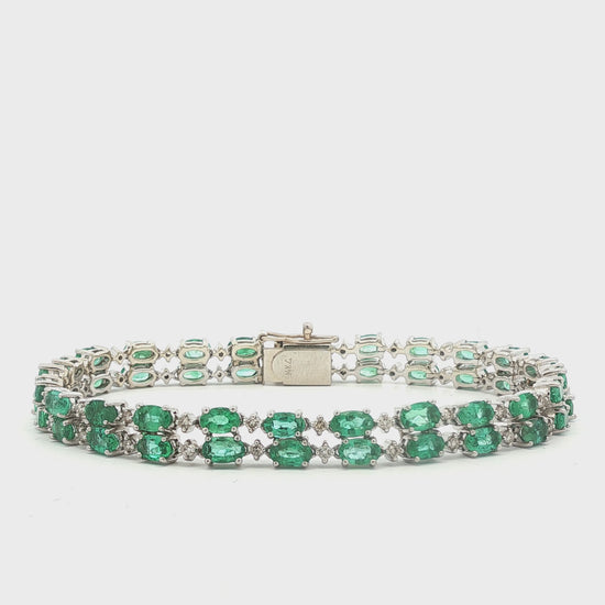 Vintage Marquise Natural Emerald and Diamond Two Row Bracelet