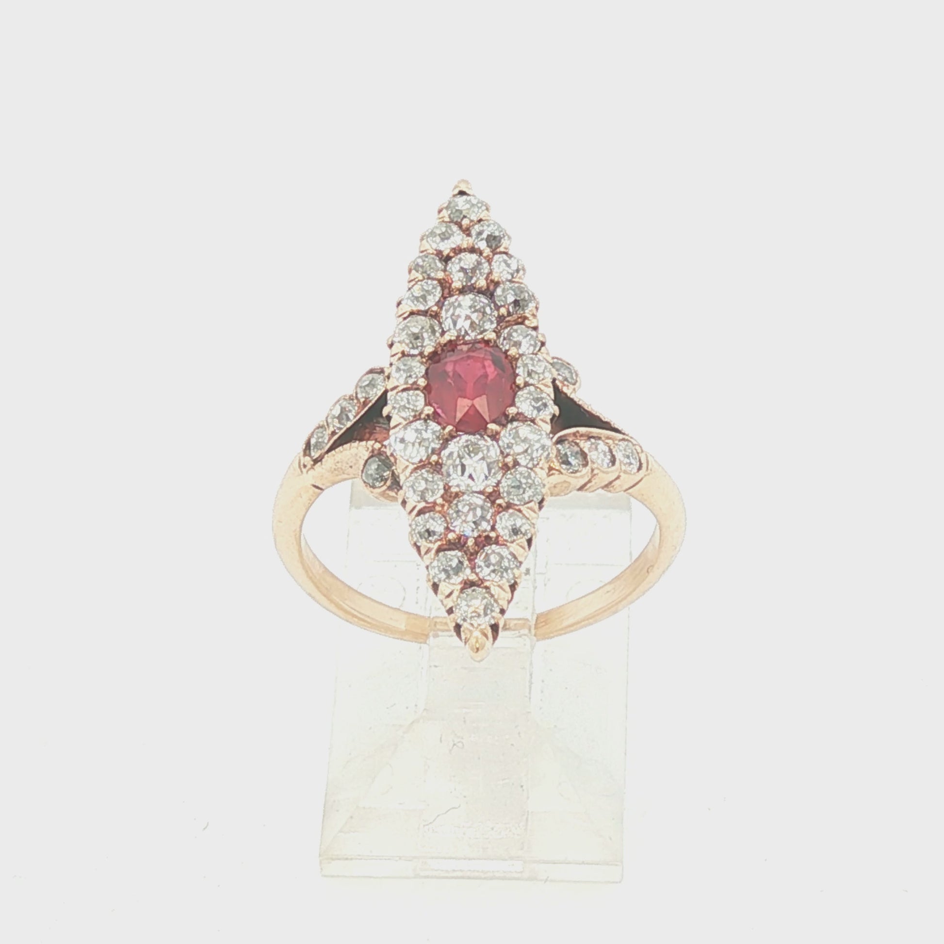 14k yellow gold Victorian natural ruby and diamond navette ring