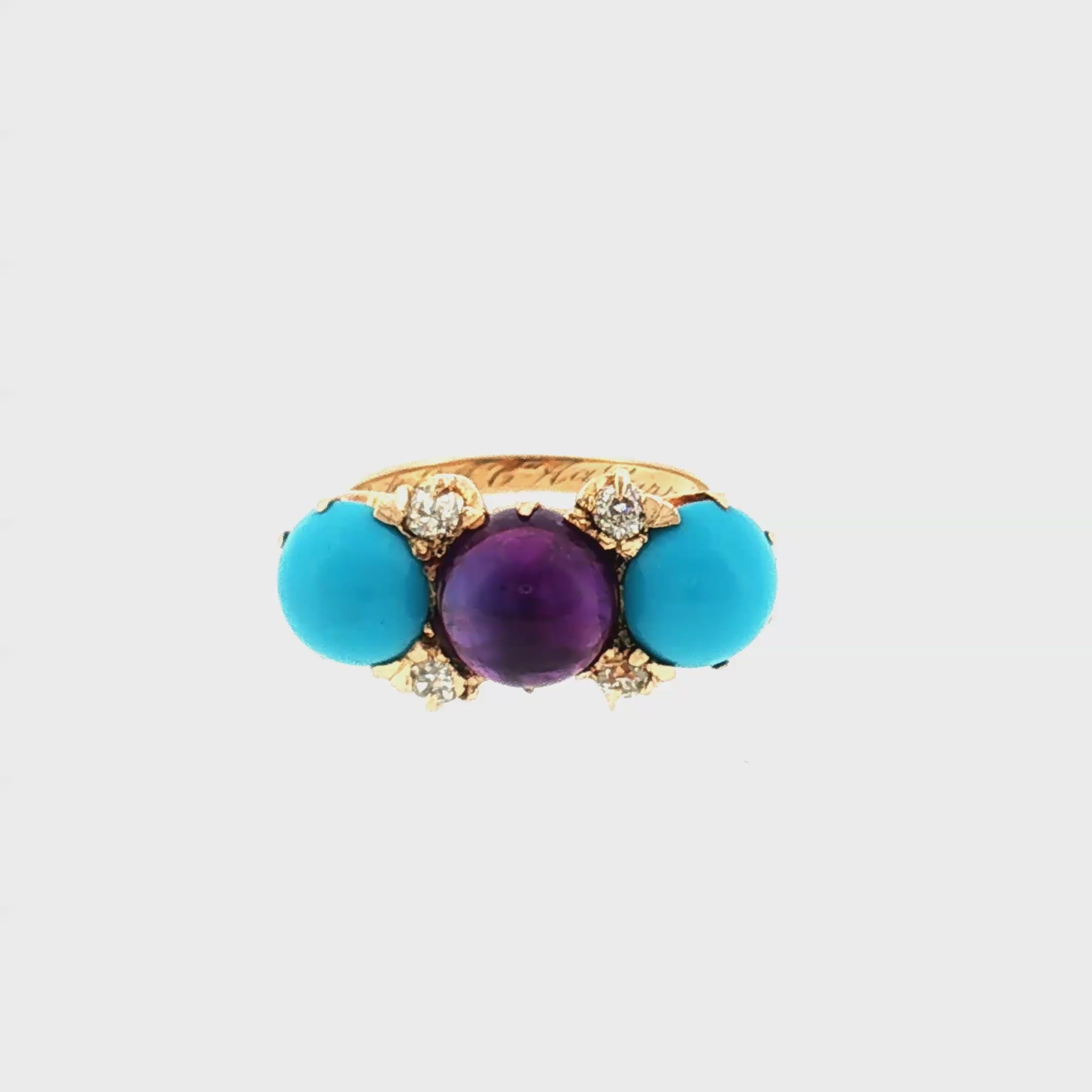 Late Victorian 10k Yellow Gold Amethyst, Turquois and Diamond Ring