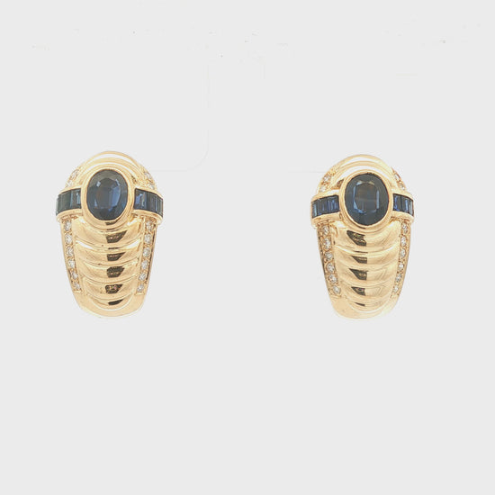 Vintage Fine Sapphire and Diamond 14k yellow gold Half Hoop Earrings