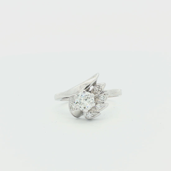 Mid century Old European cut 14k white gold spray ring