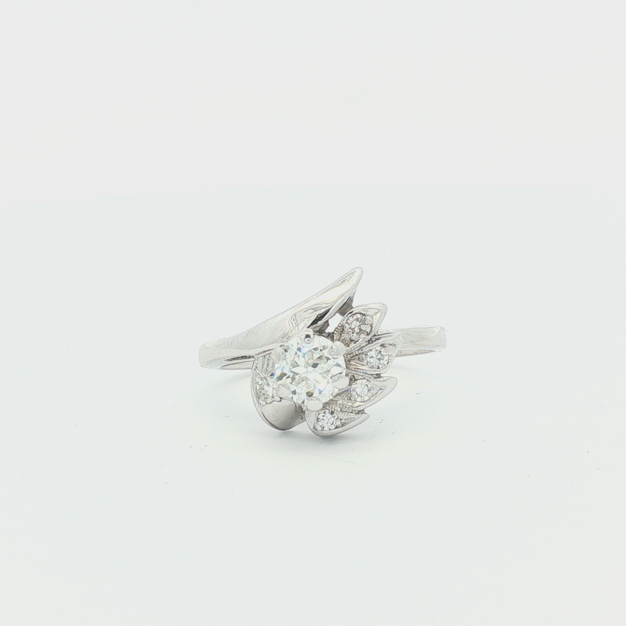 Mid century Old European cut 14k white gold spray ring