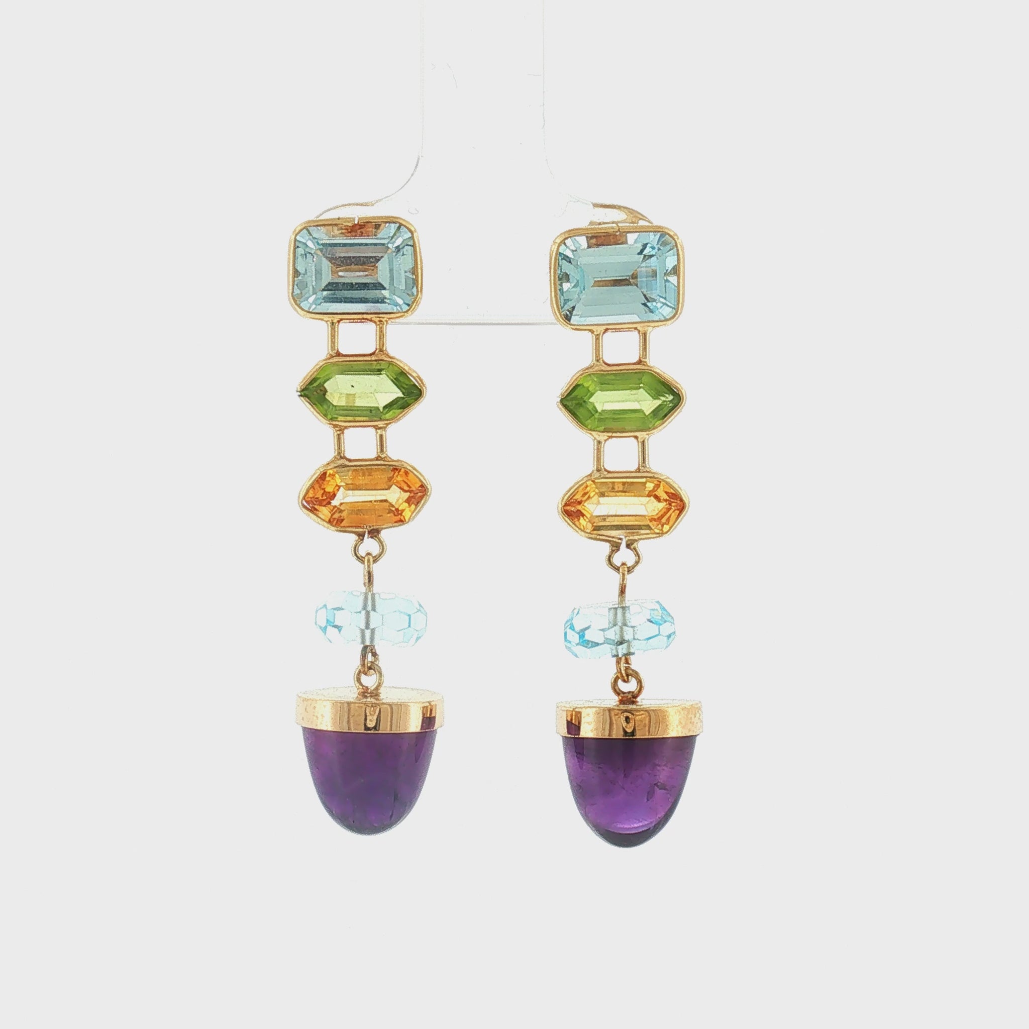 Late 20th Century 14k Yellow Gold Topaz, Peridot and Amethyst Drop Earrings