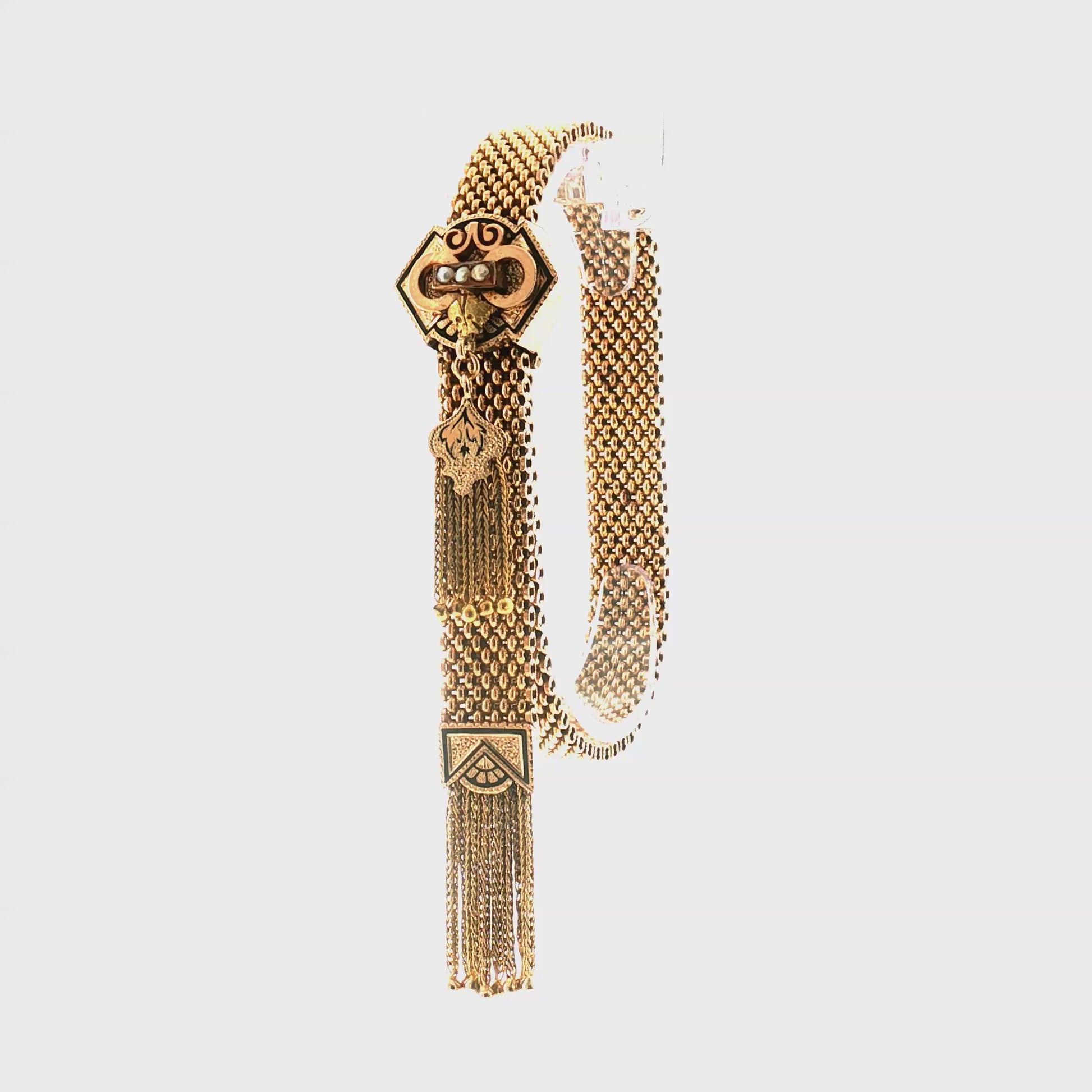 Victorian 10k Yellow Gold Slide Tassel Bracelet With Black Enamel