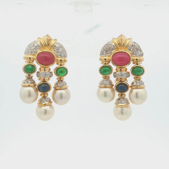 18k yellow gold Cabachon Ruby, Emerald, Sapphire, Diamond and Pearl Drop Earring