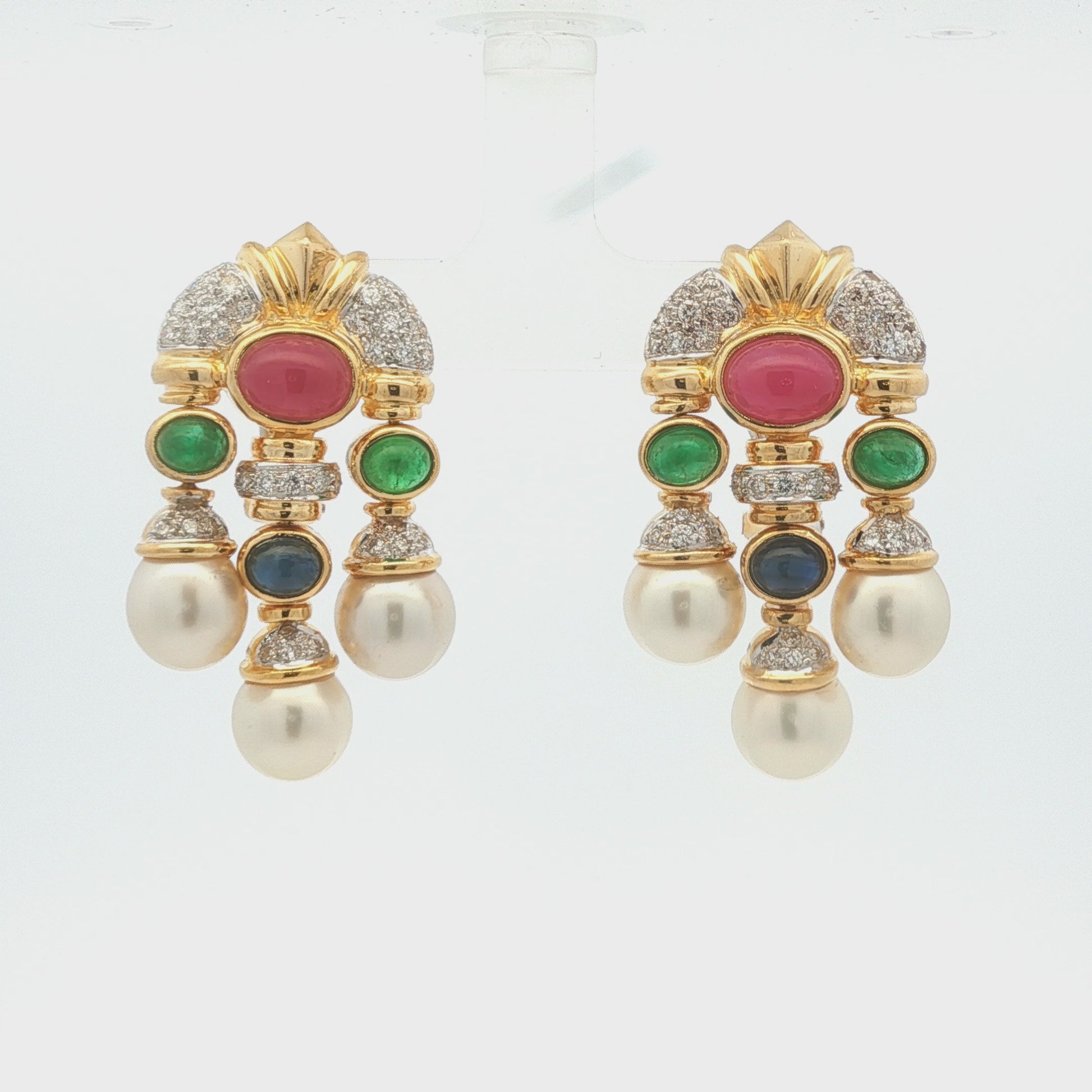 18k yellow gold Cabachon Ruby, Emerald, Sapphire, Diamond and Pearl Drop Earring