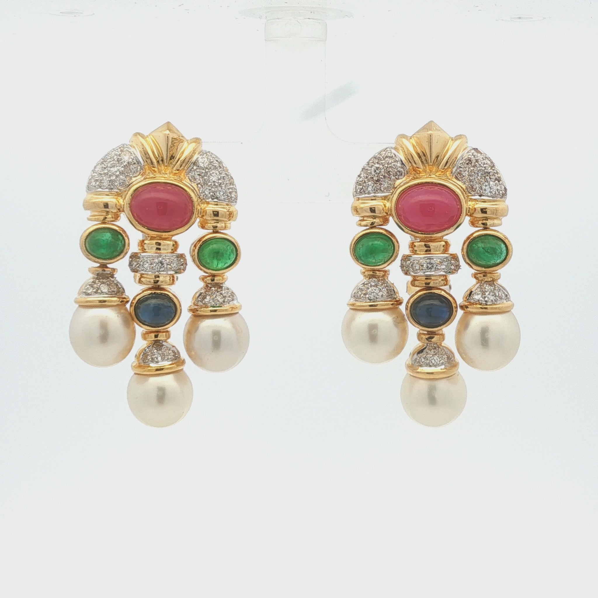 18k yellow gold Cabachon Ruby, Emerald, Sapphire, Diamond and Pearl Drop Earring