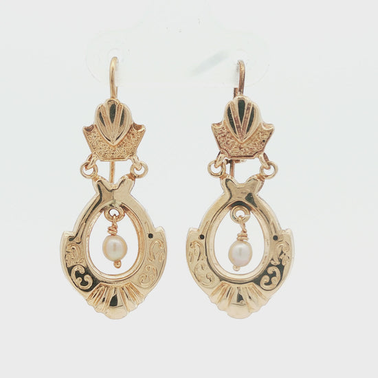 Vintage 14k yellow gold Victorian Styled Drop Earrings with Freshwater Pearls