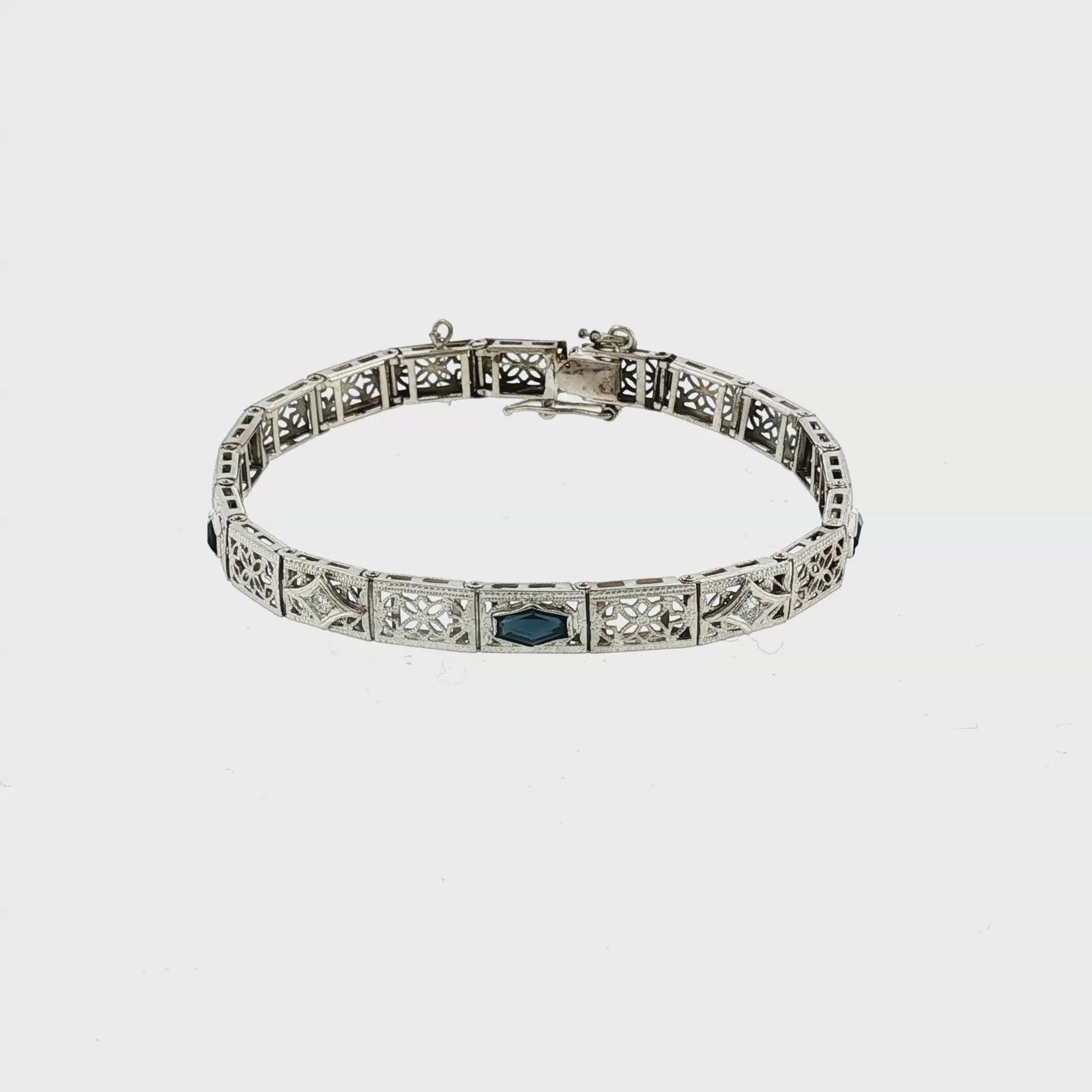 1930's 14k White Gold Synthetic Sapphire and Diamond Filigree Bracelet