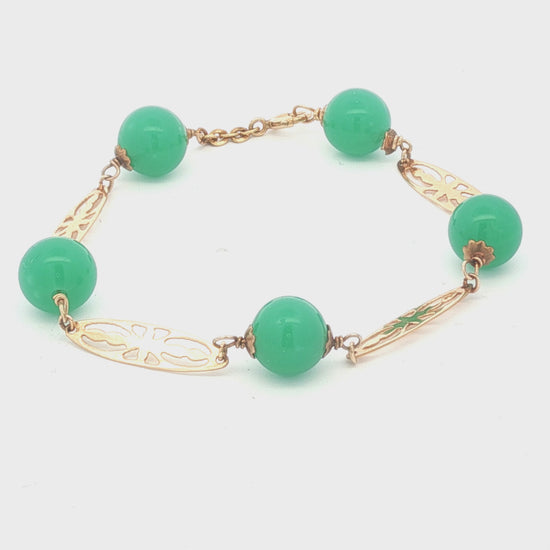 Vintage 1940's Green Onyx and 14k yellow gold Station Bracelet
