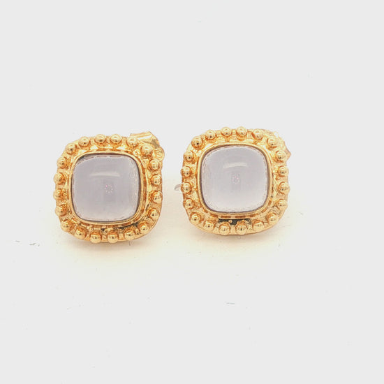 Vintage Blue Chalcedony and Beaded 14k yellow gold Bezel Earrings