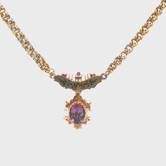 10k yellow gold Victorian Amethyst Black Enameled Necklace and Locket