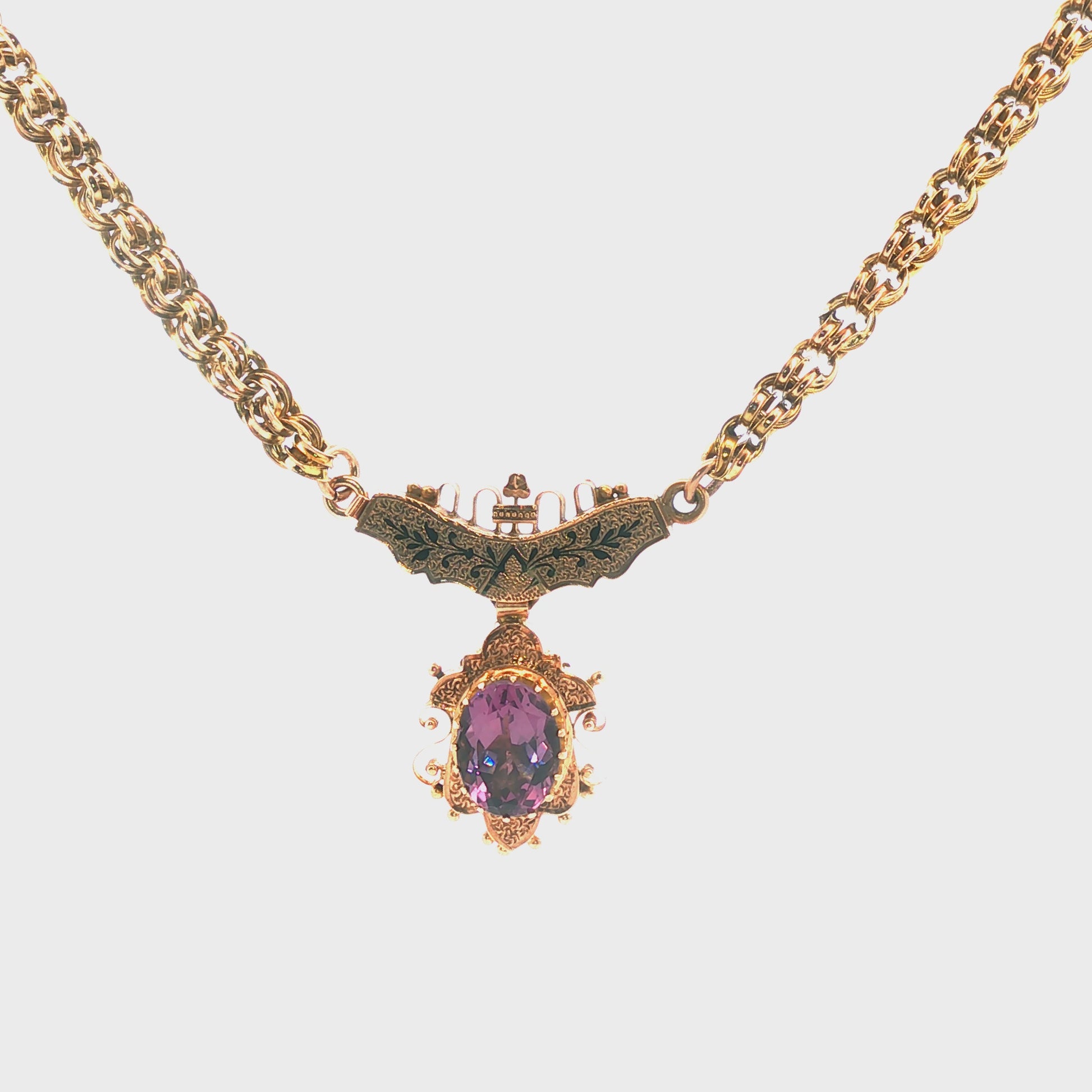 10k yellow gold Victorian Amethyst Black Enameled Necklace and Locket