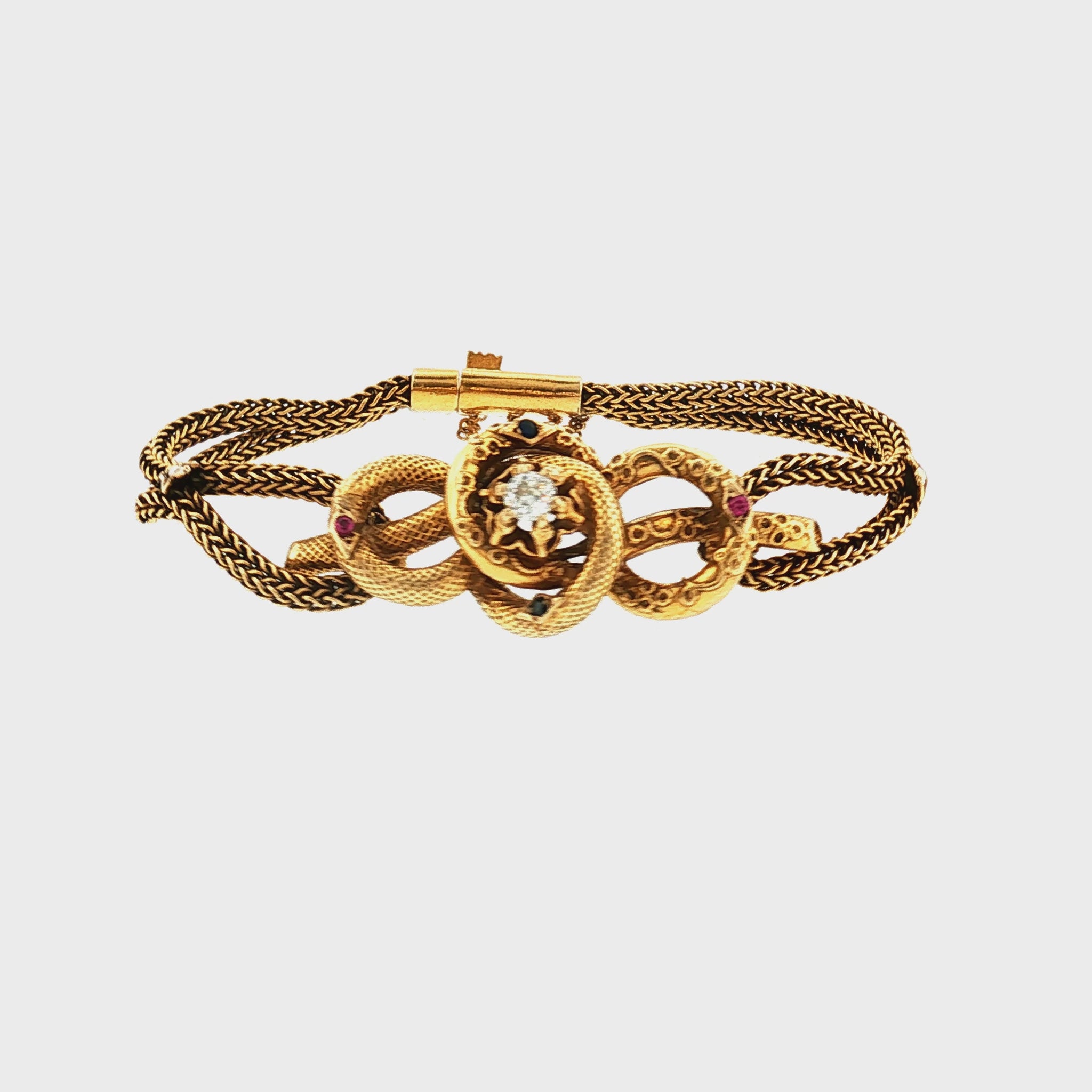 Late Victorian 14 Karat Gold Diamond, Ruby and Sapphire Bracelet