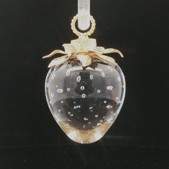 Stueben art glass strawberry with 18k petal cap