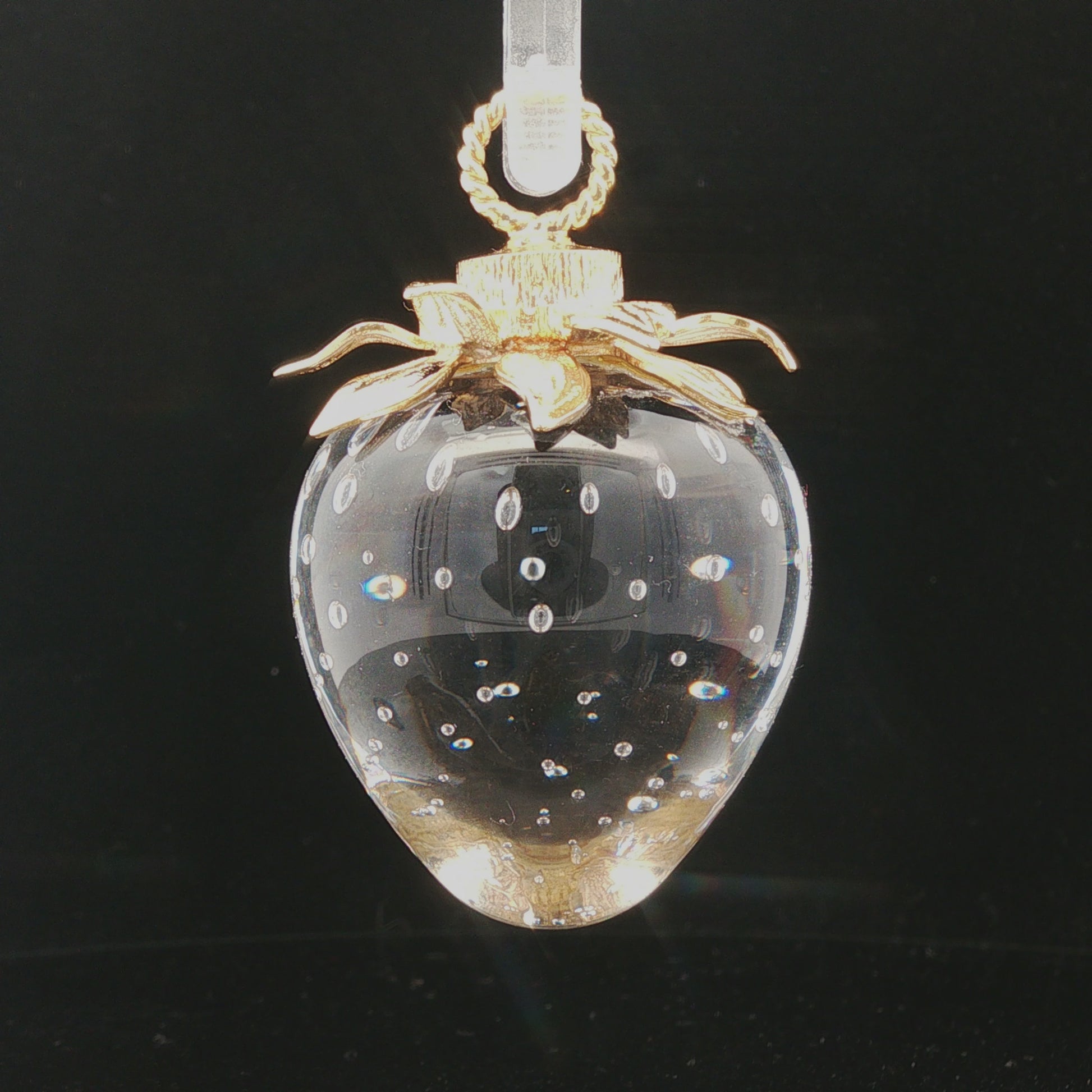 Stueben art glass strawberry with 18k petal cap